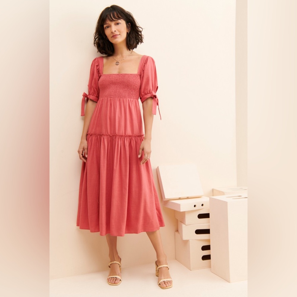 Chic Coral Midi Dress with Tie Sleeves